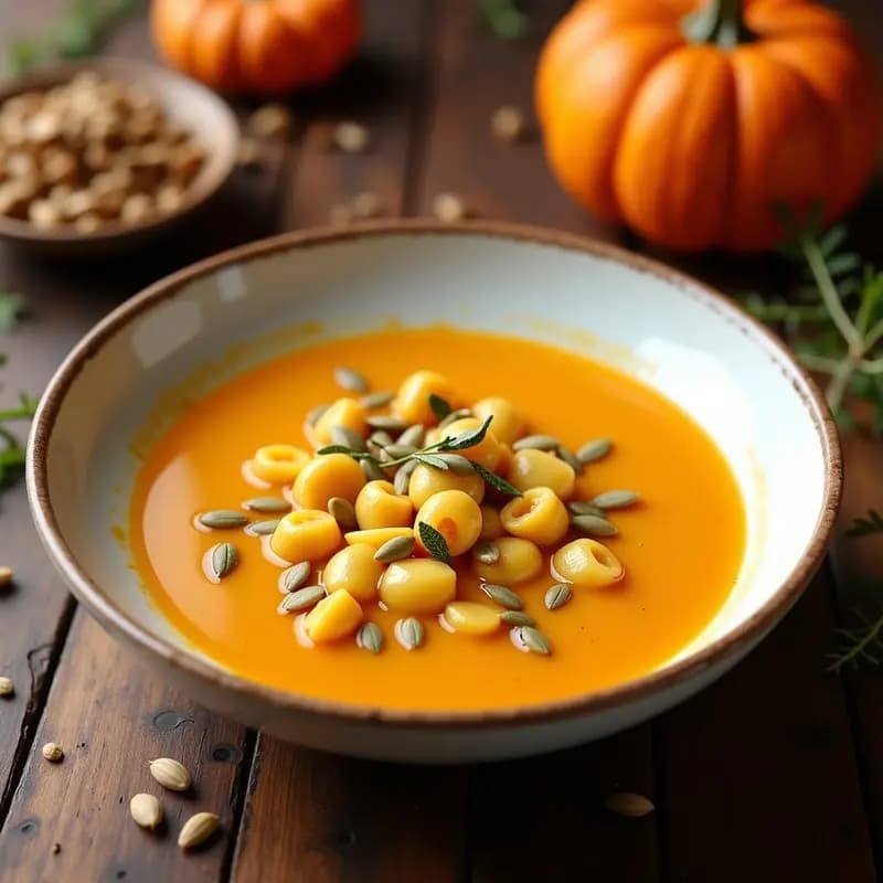Plato hondo blanco con crema de calabaza dorada y pasta corta, espolvoreada con cúrcuma y decorada con semillas de calabaza tostadas.