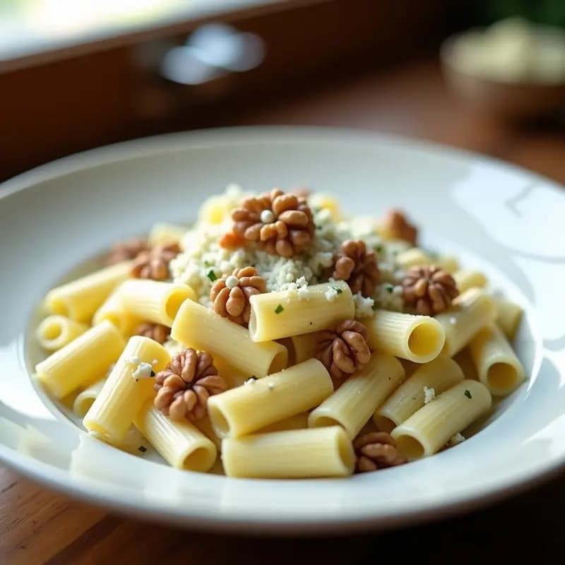 Plato hondo blanco con crema de pasta fusilli y coliflor, bañada en salsa cremosa de gorgonzola, decorada con nueces tostadas y virutas de queso azul, sobre fondo rústico de madera.