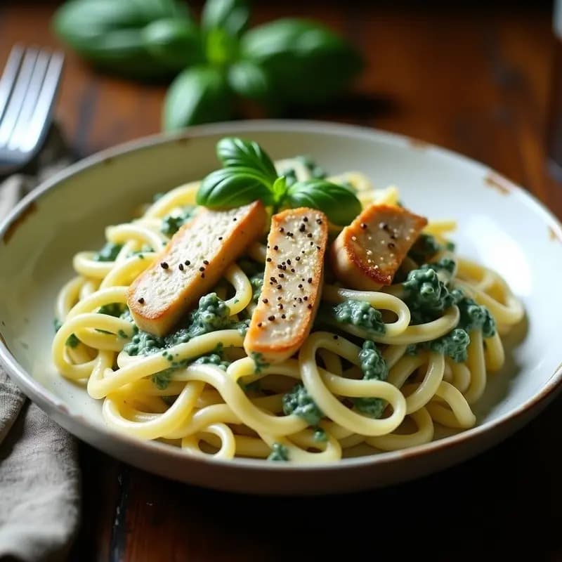 Plato blanco con crema de pasta corta integral bañada en salsa Alfredo verde de espinacas, trozos de pollo y queso parmesano rallado, receta sin nata.