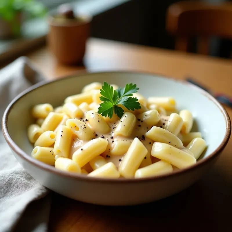 Plato hondo blanco con crema de pastas vegana de coliflor, textura sedosa y color beige claro, decorado con perejil fresco y un hilo de aceite de oliva. Fondo rústico de madera con servilleta de lino.