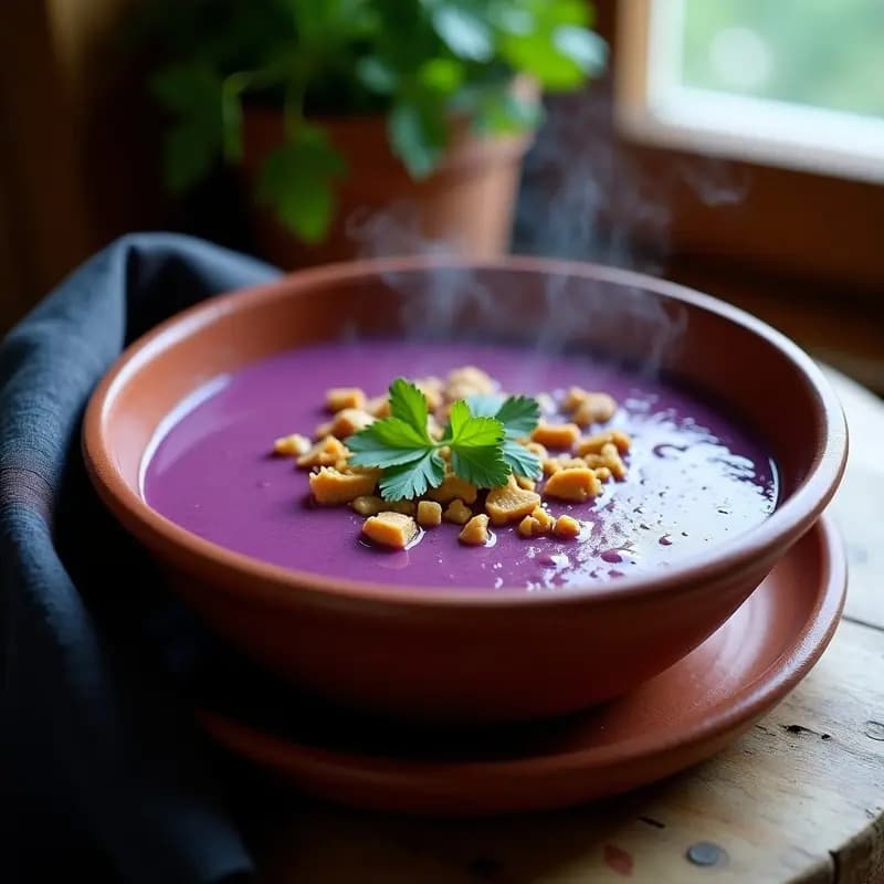 Cazuela de barro humeante con crema de batata morada vegana de color vibrante, decorada con anacardos tostados y cilantro fresco, servida sobre mesa rústica.