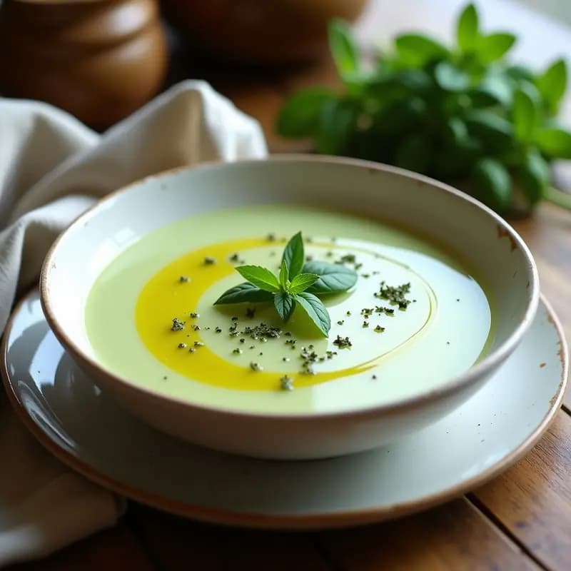 Cuenco blanco de cerámica con crema pastel de calabacines y hierbas de Provenza, textura sedosa y color verde claro, decorada con hilo de aceite de oliva y hojas de albahaca fresca.
