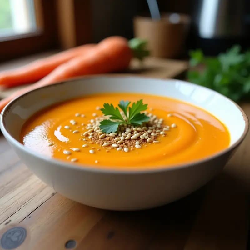 Crema de zanahoria y quinoa en Thermomix servida en cuenco blanco con semillas de calabaza y aceite de oliva, textura cremosa y color dorado intenso.