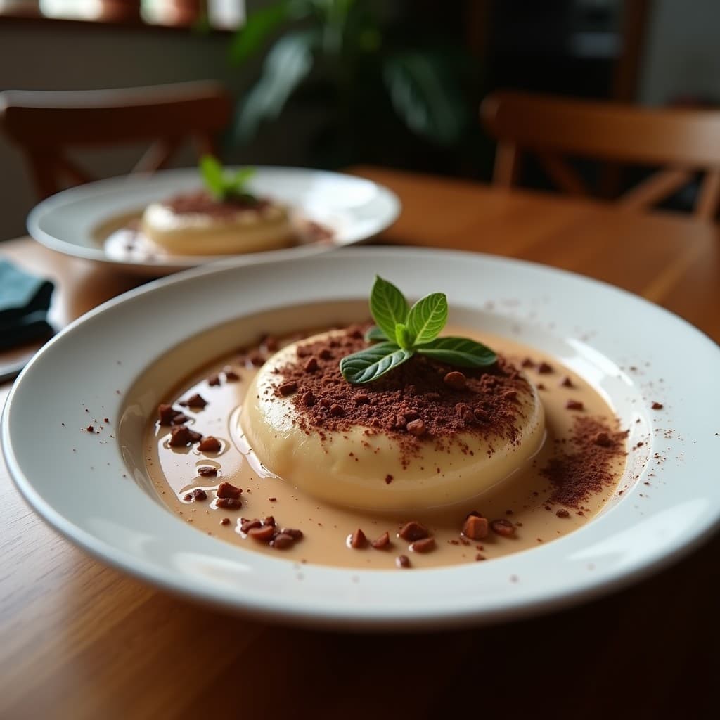 Crema pastelera de castaña y cacao en un bol de porcelana blanca, con textura sedosa y color marrón oscuro, decorada con virutas de chocolate negro y un polvo de cacao espolvoreado. Receta sin horno y alta en fibra.