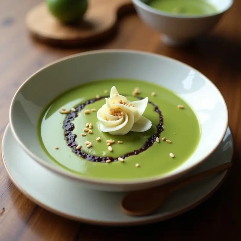 Plato de porcelana blanca con crema pastelera de matcha y arroz negro, color verde intenso con vetas moradas, decorada con virutas de chocolate blanco y semillas de sésamo.