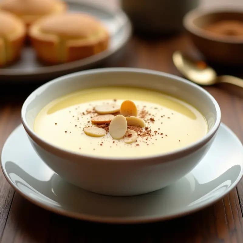 Cuenco de porcelana blanca con crema pastelera proteinada al horno, textura sedosa y color crema, decorada con una pizca de canela y virutas de almendra. Postre sin azúcar alto en proteínas.