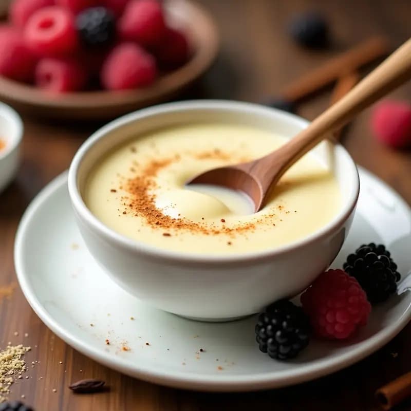 Cuenco de porcelana blanca con crema pastelera proteinada suave y brillante, espolvoreada con canela, junto a una cuchara de madera y frutos rojos frescos.