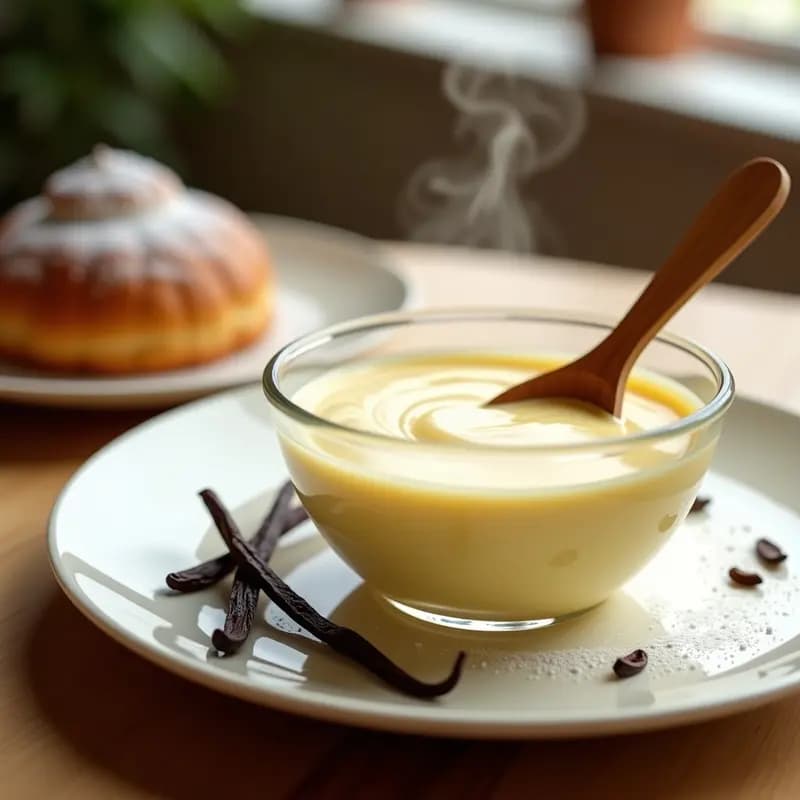 Cuenco de cristal transparente con crema pastelera sin huevo, textura sedosa y brillante, servida con una cuchara de madera y espolvoreada con azúcar glas, fondo rústico de madera clara.