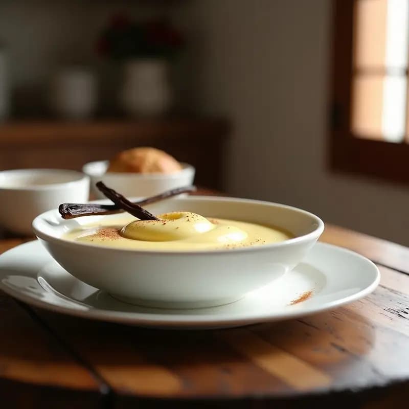 Cuenco de porcelana blanca con crema pastelera sin azúcar de textura sedosa y color amarillo pálido, decorada con una rama de vainilla y espolvoreada con canela, sobre fondo rústico de madera.