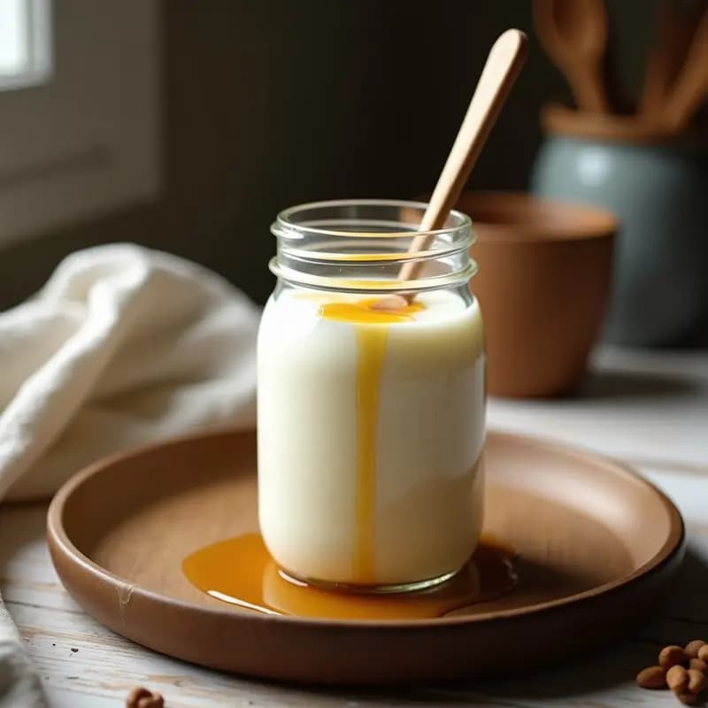Tarro de vidrio transparente lleno de yogur griego casero cremoso, con una cuchara de madera sumergida y un hilo de miel dorada sobre él, fondo rústico de madera.