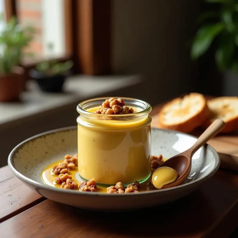 Frasco de vidrio transparente con crema pasteurizada de higos chivos y queso de cabra, decorada con nueces picadas y un hilo de miel, servida junto a tostadas de pan rústico.