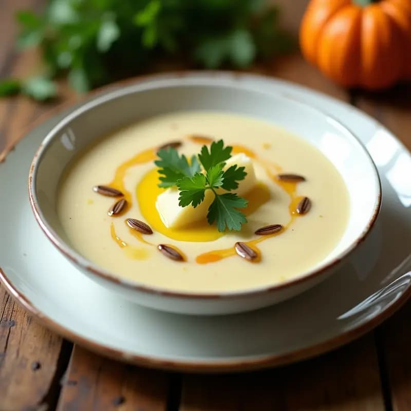 Cuenco blanco con crema de pastinaca ahumada y coliflor, decorada con perejil fresco y un hilo de aceite de oliva, sobre fondo rústico de madera.
