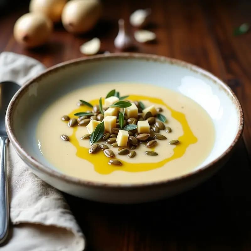 Cuenco de cerámica blanca con crema de pastinaca y ajo negro, decorada con semillas de calabaza y un hilo de aceite de oliva virgen extra, fondo rústico de madera.
