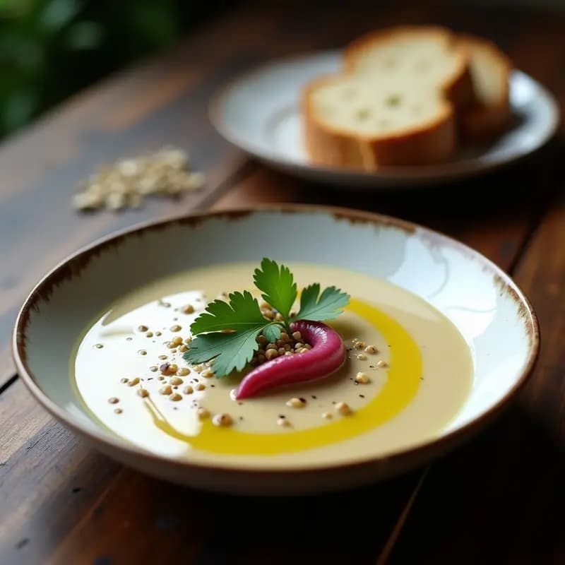 Cuenco de cerámica blanca con crema de pastinaca y joan roig, decorada con cilantro fresco y un hilo de aceite de oliva virgen extra, sobre fondo rústico de madera.