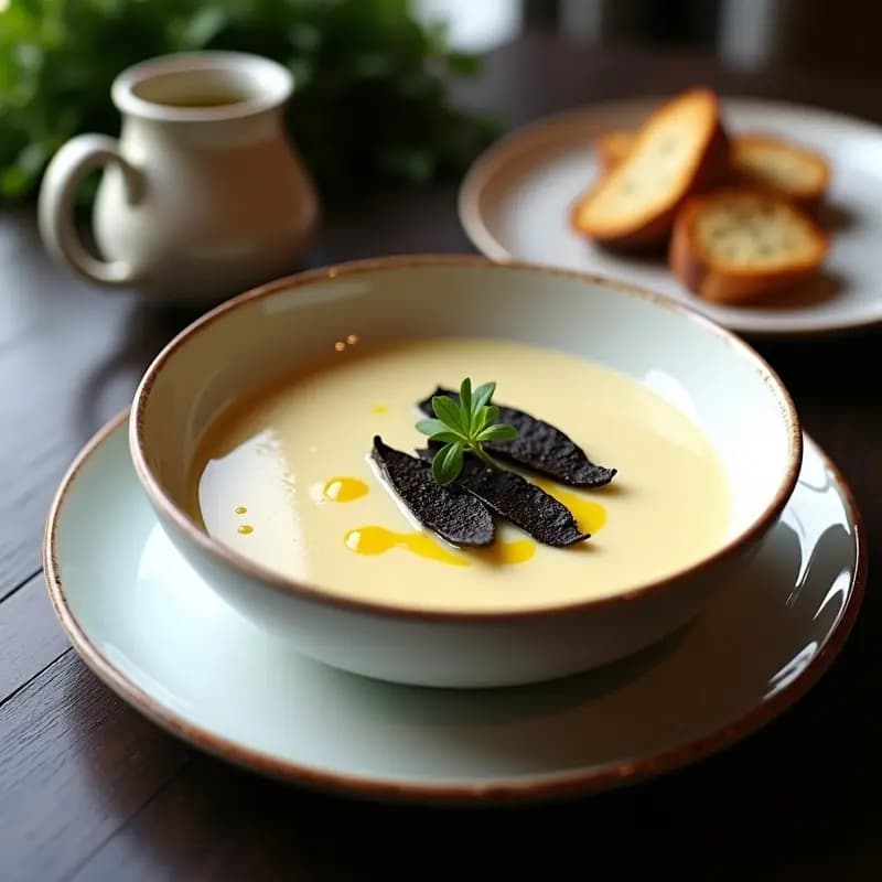 Cuenco blanco con crema de pastinaca y trufa negra, decorado con láminas de trufa y un hilo de aceite de trufa, servido sobre una mesa rústica de madera con pan tostado al lado.