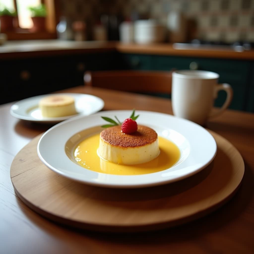 Cuenco de cerámica blanca con crema de pastó ahumado humeante, decorada con un hilo de aceite de oliva virgen extra y virutas de jamón ibérico, sobre fondo rústico de madera.