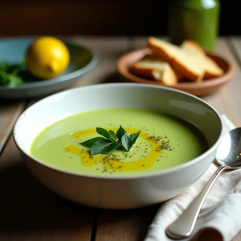 Plato hondo de cerámica blanca con crema de pasto y espárragos trigueros de color verde intenso, decorada con hebras de pasto fresco y un hilo de aceite de oliva, servida sobre una mesa de madera rústica.