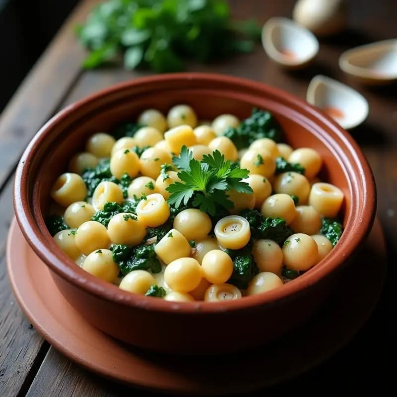 Olla de barro con crema de pasto con espinacas y almejas, espolvoreada con perejil fresco, sobre fondo rústico de madera.
