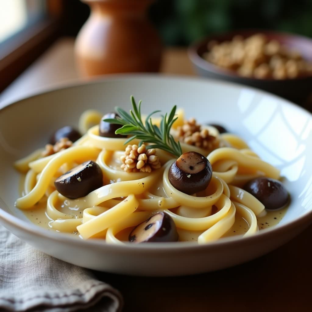 Plato hondo blanco con crema espesa de pasta integral y hongos portobello, coronada con nueces picadas y un toque de tomillo fresco. Receta vegana de crema de pasta con hongos portobello.