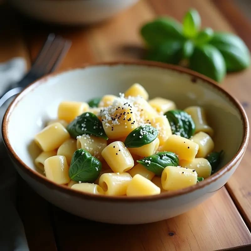 Plato hondo blanco con crema de pasta espesa y brillante, espinacas frescas y virutas de parmesano, servida en cuenco de barro para tupper.