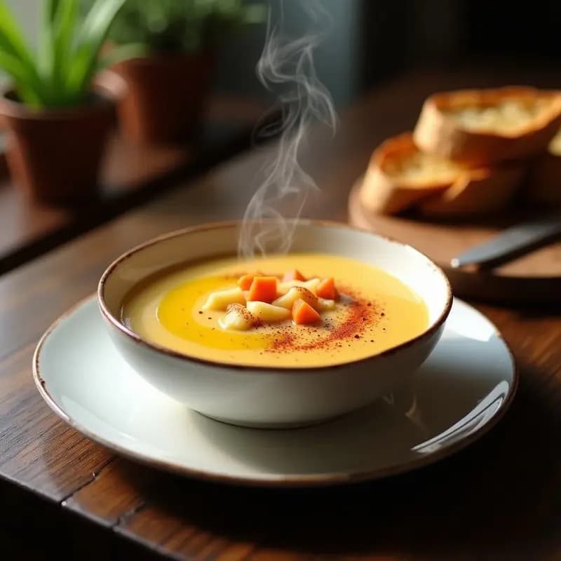 Cuenco blanco con crema de pastor ahumada espesa, decorada con un hilo de aceite de oliva virgen extra y pimentón ahumado. Fondo rústico de madera con pan tostado.