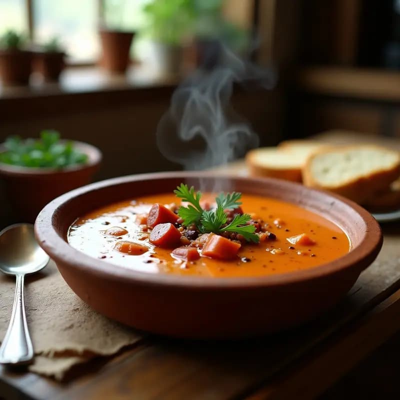 Cuenco de barro humeante con crema de pastor espesa, trozos de chorizo y panceta ahumada, espolvoreada con perejil fresco sobre fondo rústico.