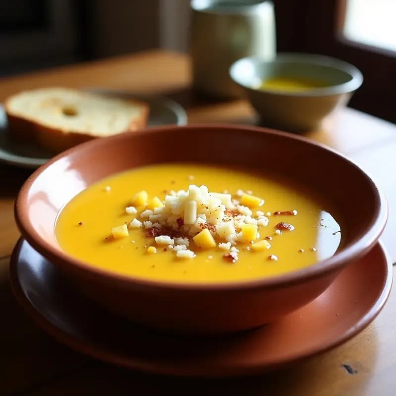 Cazuela de barro humeante con crema pastoril de ilamarga canaria, espesa y de color dorado, decorada con gofio escaldado y queso fresco desmenuzado, servida con pan tostado.