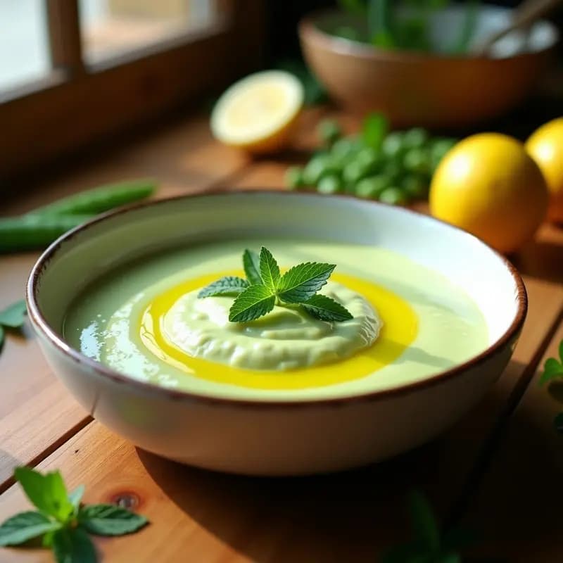 Bol de cerámica blanca con crema del pastor Ilipula siciliana, espesa y de color verde claro, decorada con hojas de menta fresca y un hilo de aceite de oliva virgen extra. Al fondo, alcachofas frescas y guisantes.