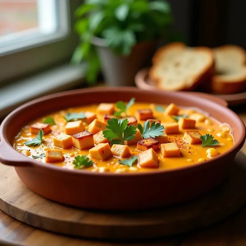 Fuente de barro al horno con crema de pastor vegana, tofu ahumado dorado y especias, receta sin lácteos y alta en proteínas.