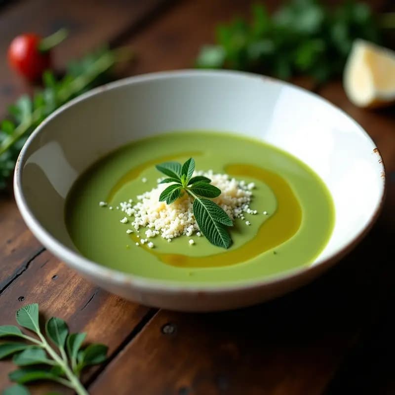 Cuenco de cerámica blanca con crema de pastore y algas marinas, decorada con virutas de queso pecorino y un hilo de aceite de oliva sobre fondo rústico de madera.
