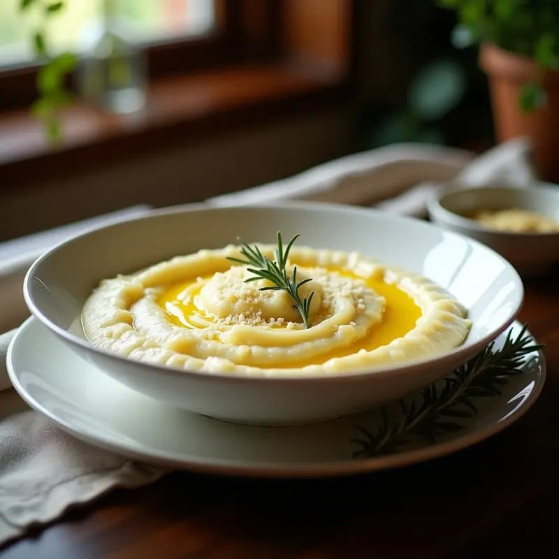 Bowl blanco con crema Pastore italiana espesa, decorada con queso pecorino rallado y aceite de oliva virgen extra, sobre fondo rústico de madera.