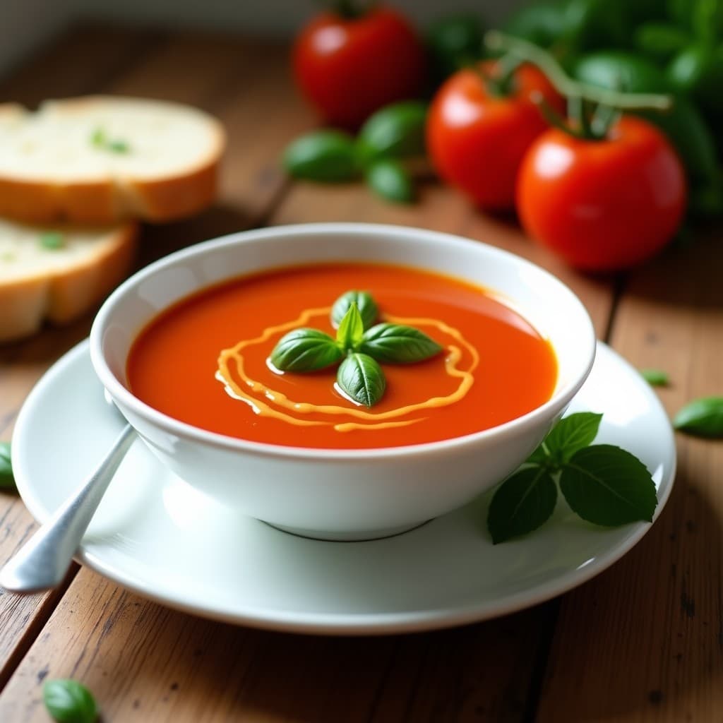 Cuenco blanco con crema pastore fresca de color rojo intenso, decorada con hojas de albahaca verde y un hilo de aceite de oliva virgen extra. Fondo con tomates y albahaca fresca.