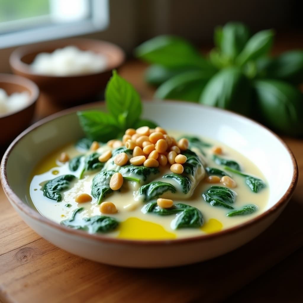 Plato hondo blanco con crema pastore fresco y espinacas de color verde intenso, salteadas con ajo y decoradas con piñones dorados y un hilo de aceite de oliva virgen extra.
