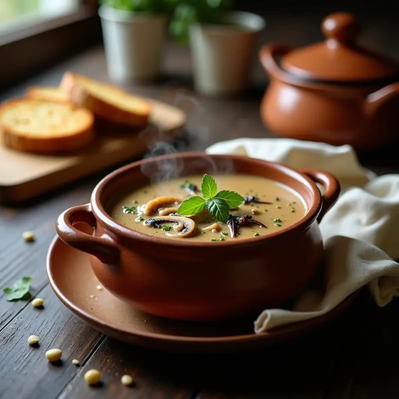 Cazuela de barro humeante con crema de pastore con fungos, setas salvajes y perejil fresco, servida con rebanadas de pan rústico tostado.