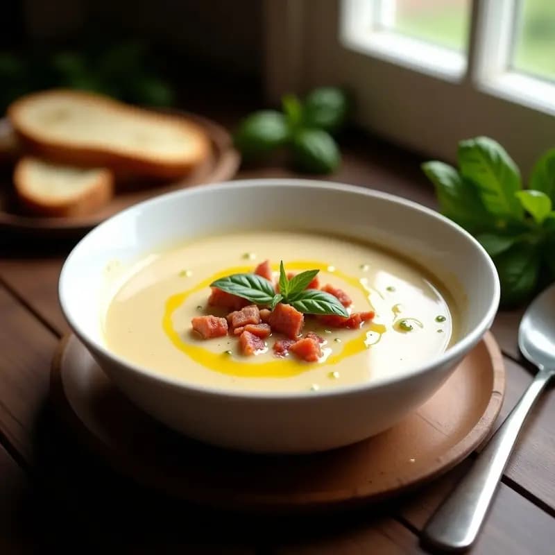 Cuenco blanco hondo con crema Pastore italiana vellutata, de color beige claro, decorada con pancetta crujiente, queso parmesano rallado y aceite de oliva. Fondo rústico de madera con pan tostado al lado.