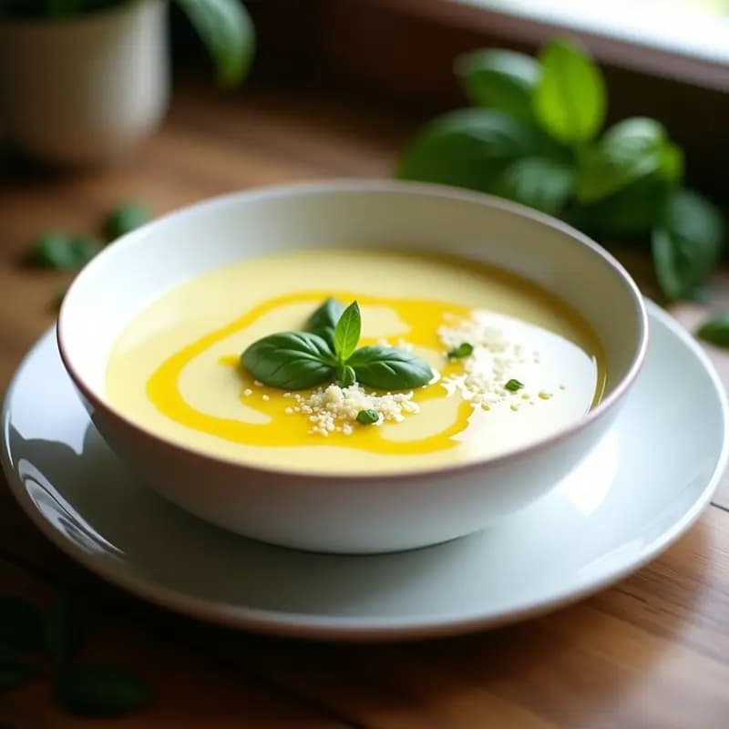 Crema pastore de calabacín y parmesano servida en un bol blanco hondo, con un hilo de aceite de oliva virgen extra y hojas de albahaca fresca, sobre una mesa rústica de madera.