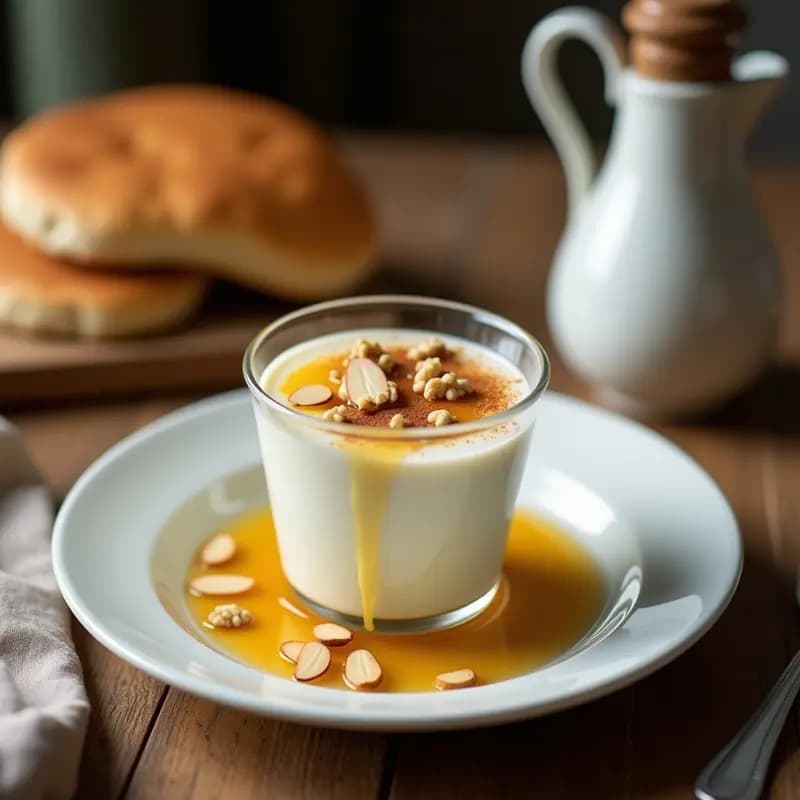 Copa de cristal transparente con crema pastoreio griega, yogur espeso coronado con almendras fileteadas, nueces picadas y un hilo de miel dorada, sobre fondo rústico de madera con canela espolvoreada.