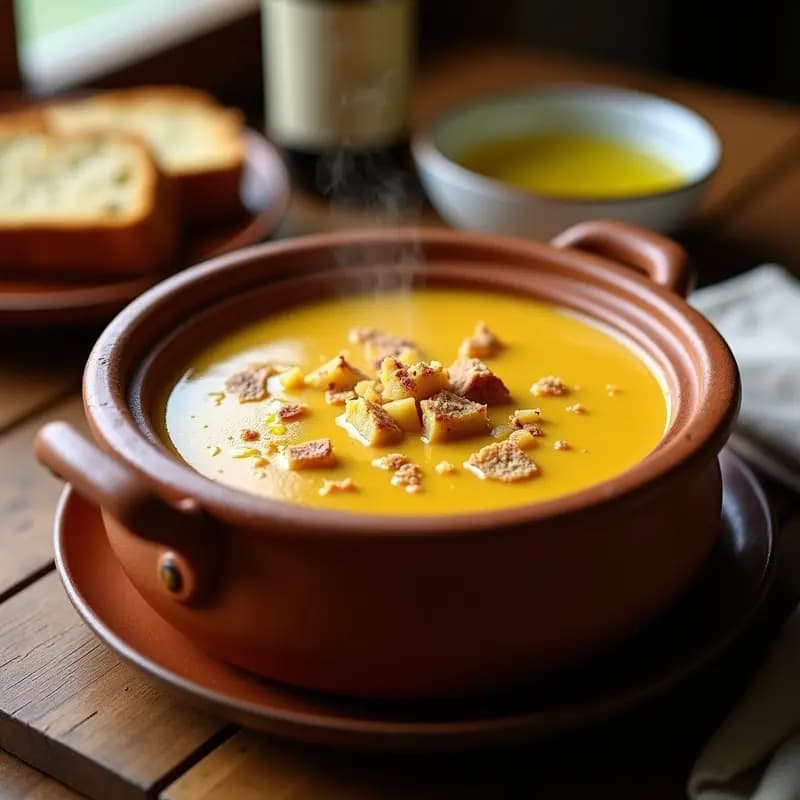 Cazuela de barro humeante con crema pastoreña extremeña espesa, de color dorado intenso, decorada con un hilo de aceite de oliva virgen extra y migas de pan tostado.