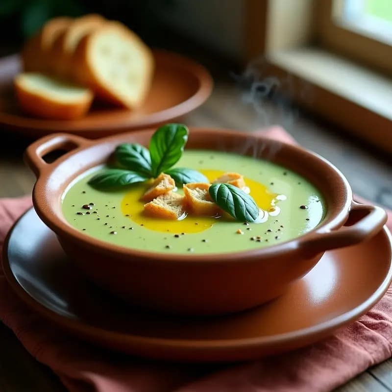 Cazuela de barro humeante con crema pastoreo castellana de color verde claro, espesa y cremosa, decorada con espinacas frescas y un hilo de aceite de oliva. Plato tradicional con leche de cabra.
