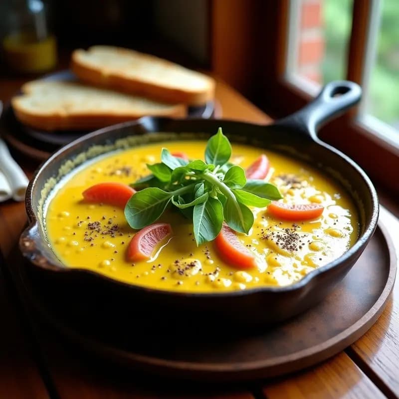 Sartén de hierro con crema pastoreo italiana espesa y dorada, servida sobre rebanadas de pan integral tostado, acompañada de hojas de lechuga romana fresca y filetes de anchoa. Plato rústico y tentador.