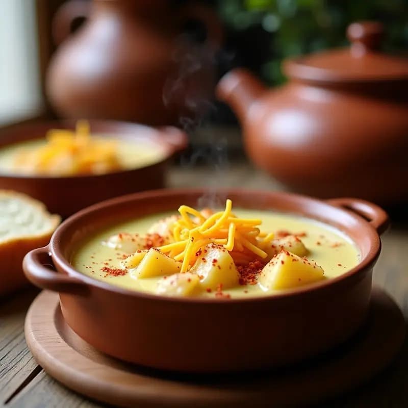 Crema pastoreo manchego humeante en cuenco de barro, con textura cremosa y trozos de patata, espolvoreada con queso manchego rallado y pimentón, servida en ollas superpuestas.
