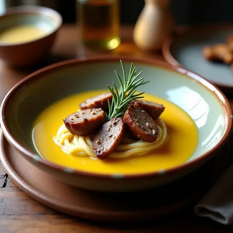 Plato hondo de barro con crema de pastores espesa y dorada, coronada con trozos de cordero al horno jugoso, decorado con ramitas de romero y un hilo de aceite de oliva virgen extra.
