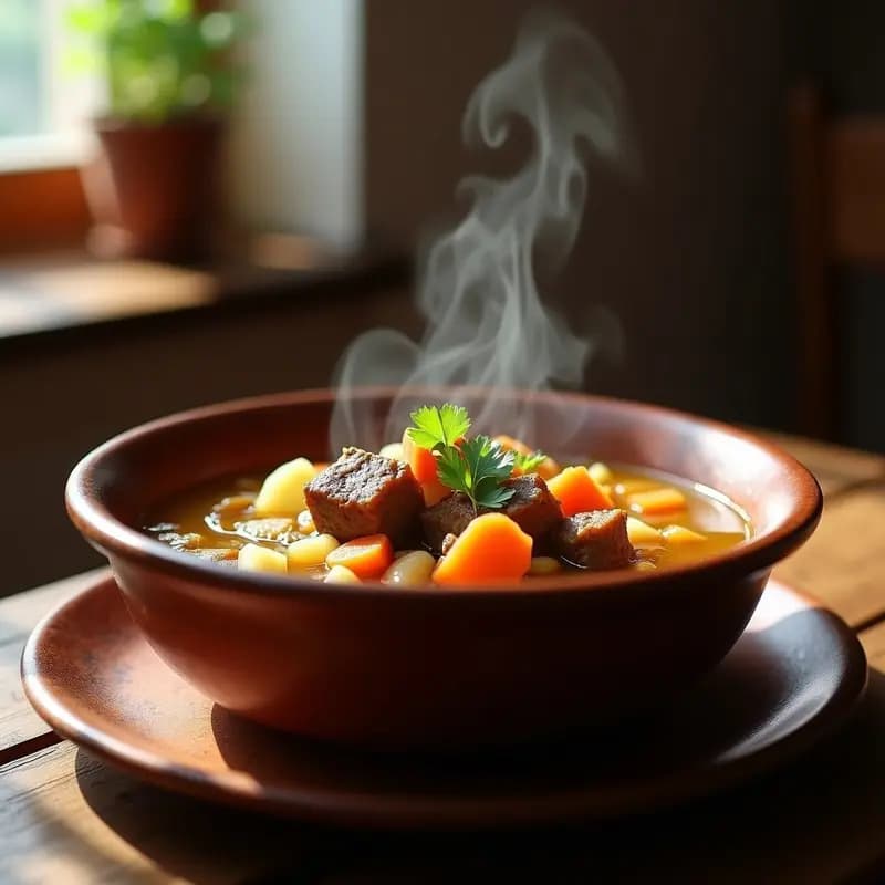 Plato hondo de barro con crema de pastores con cordero, espesa y humeante, con trozos de patata y carne de cordero, decorada con un hilo de aceite de oliva y perejil fresco.