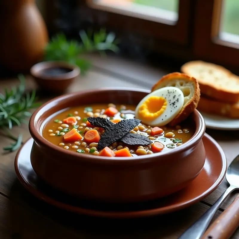 Plato hondo de barro con crema de pastores espesa, lentejas pardinas, trozos de chorizo ibérico y láminas de trufa negra. Huevo duro picado y pan tostado al lado. Receta de crema de pastores con morillas y trufa.