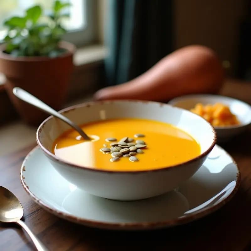 Cuenco blanco con crema de patata y boniato humeante, decorada con un hilo de aceite de oliva virgen extra y semillas de calabaza tostadas. Fondo rústico de madera con una cuchara de madera sumergida en la crema.