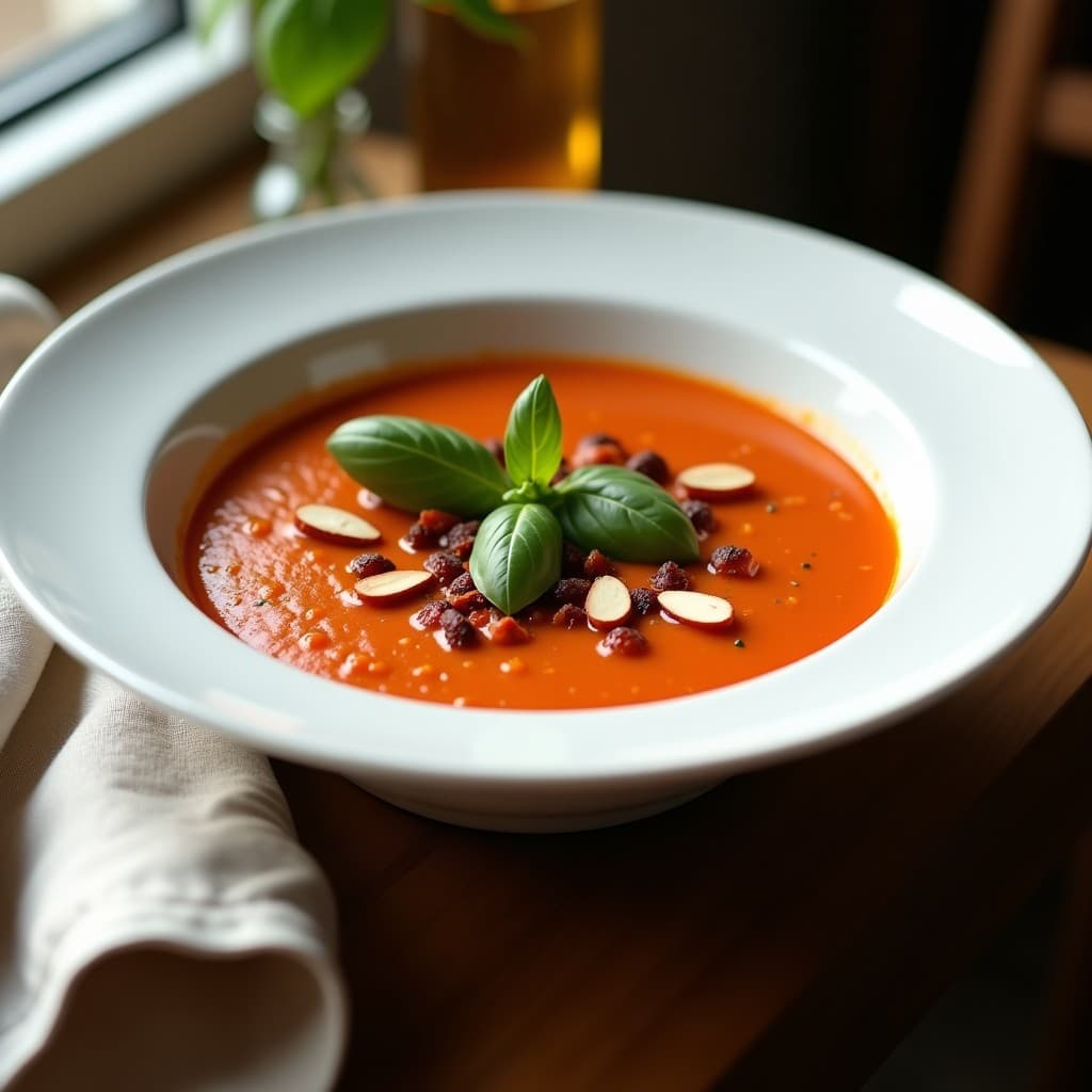 Plato hondo blanco con crema de pepperoni y tomate seco, textura aterciopelada, decorada con albahaca fresca y almendras fileteadas tostadas, fondo rústico de madera.