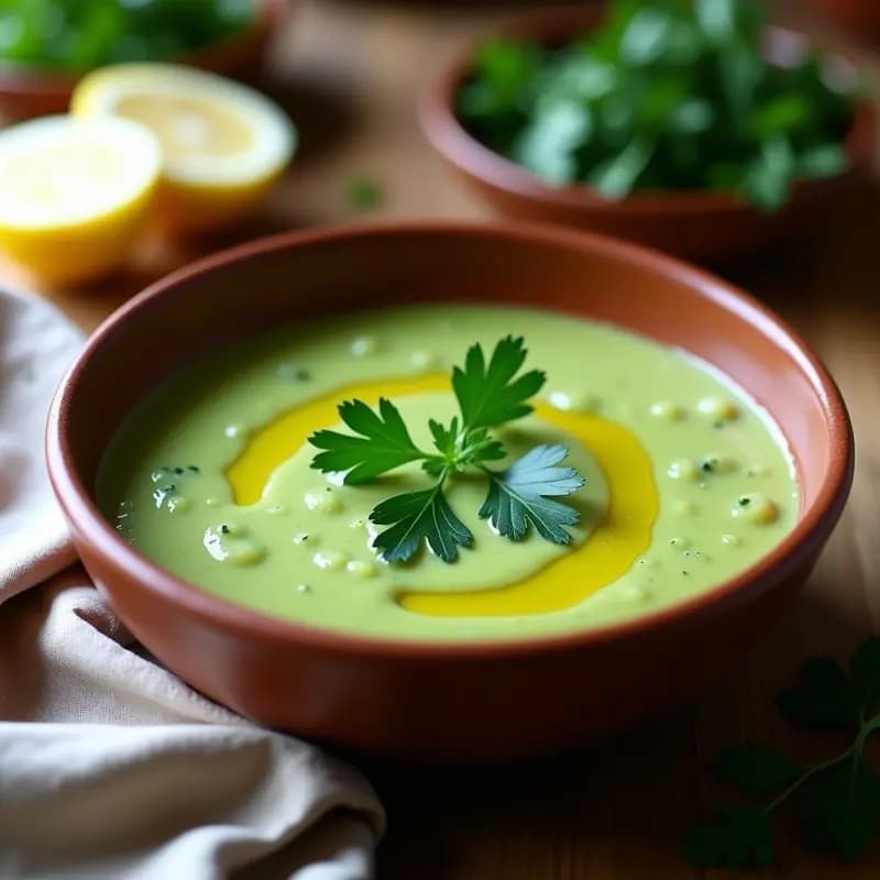 Cazuela de barro con crema de perejil y patata vegana, decorada con hojas de perejil fresco y un hilo de aceite de oliva, sobre fondo rústico de madera.