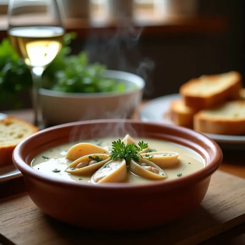 Cuenco de barro con crema de pespunte y almejas al vino blanco, espolvoreado con perejil fresco, acompañado de pan rústico tostado.