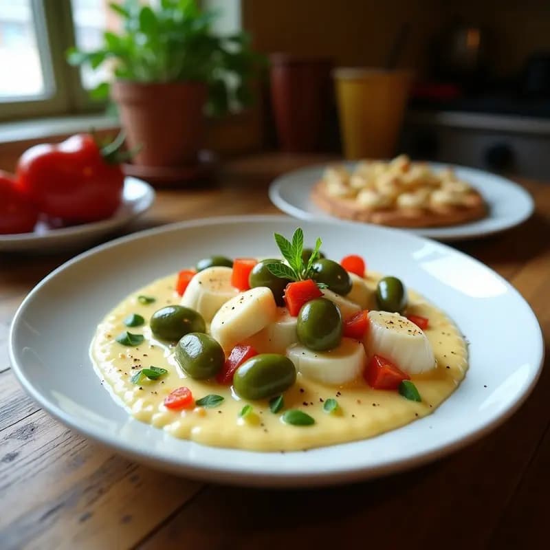 Cuenco de barro rústico con crema espesa de pimientos asados de color rojo intenso, trozos de bacalao ahumado desmenuzado, almendras fileteadas tostadas y perejil fresco picado. Plato gourmet mediterráneo servido sobre mesa de madera con pan de centeno al lado.