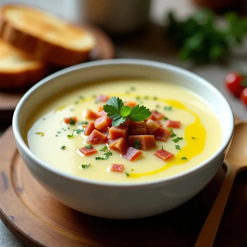 Cuenco de cerámica blanca con crema de poro y patata espesa y brillante, coronada con trocitos dorados de panceta crujiente, perejil fresco picado y un hilo de aceite de oliva. Fondo de mesa rústica con pan tostado al lado.